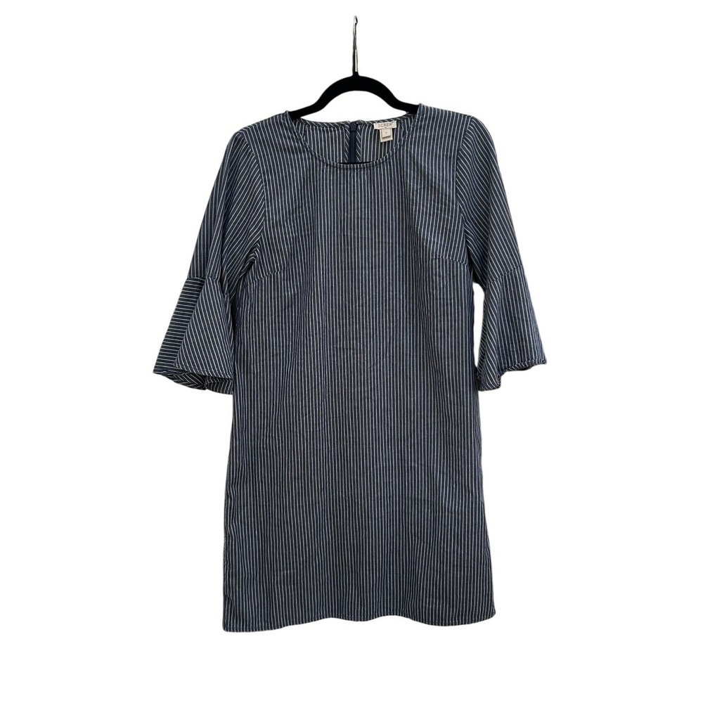 J.Crew Blue White Pinstripe Cotton Shift Dress Bell Sleeve Preppy Coastal Size 4